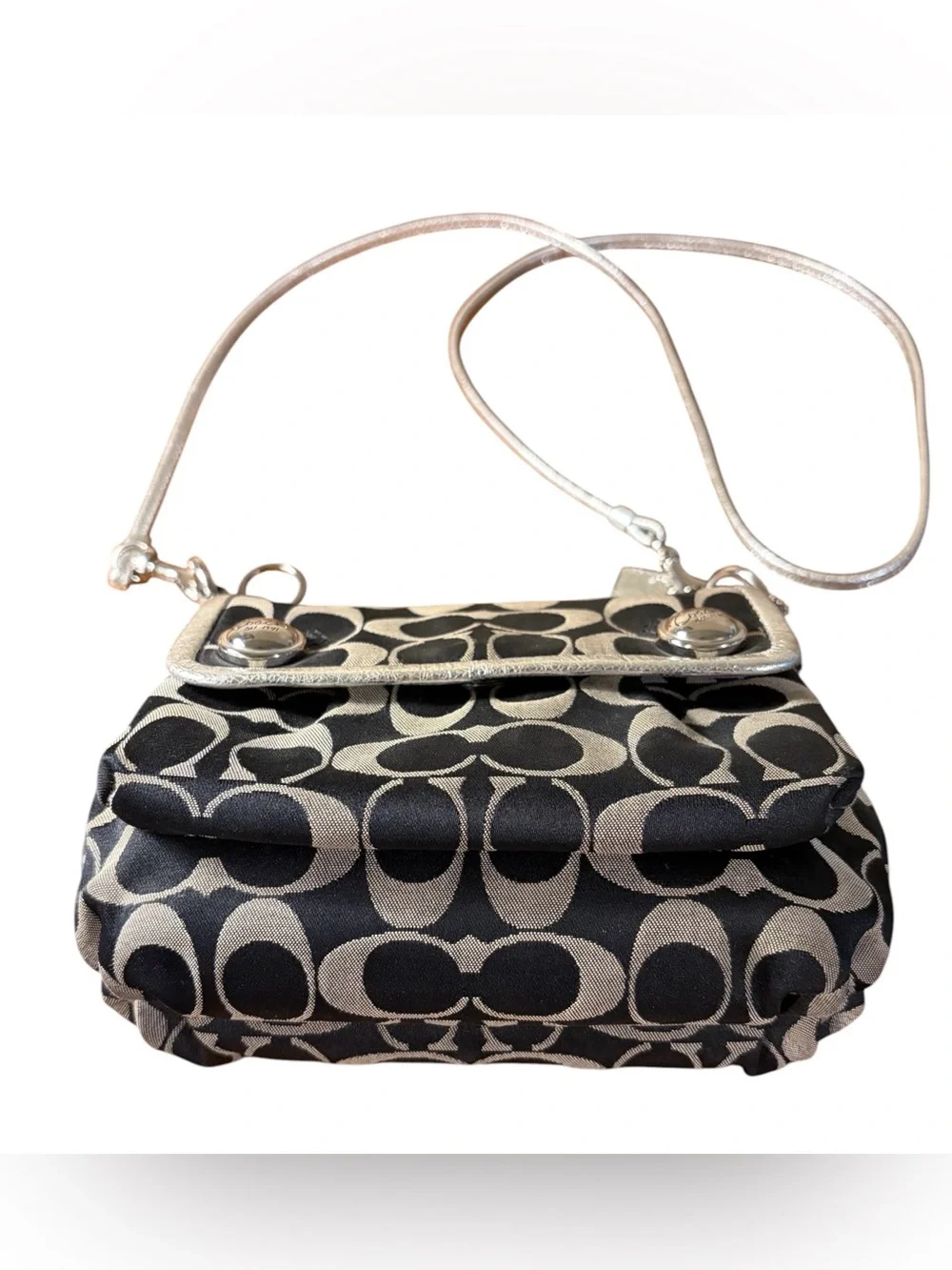 Coach Poppy Signature Pleated Crossbody Bag Black/Grey Metallic Silver - Picture 9 of 9